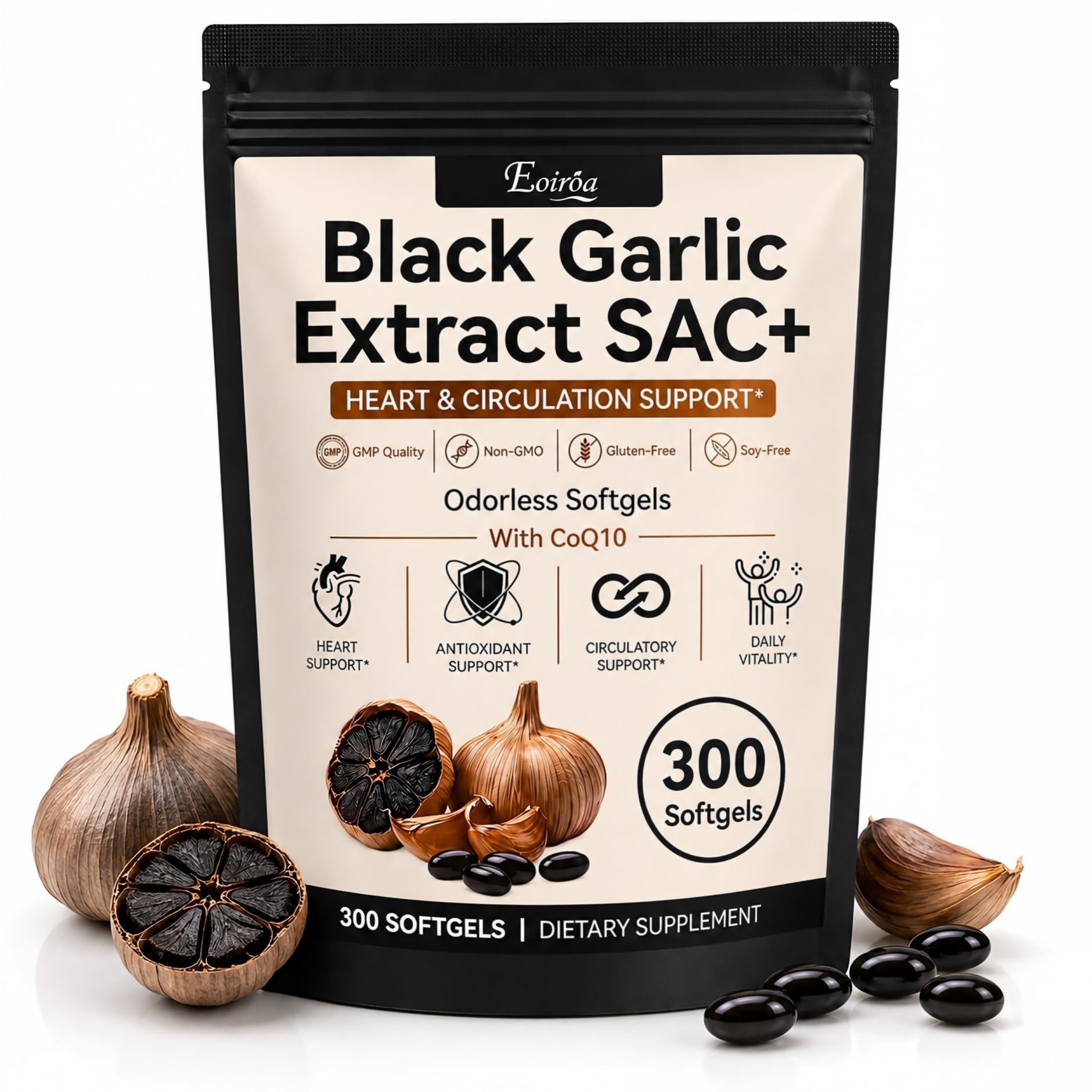 Black Garlic Extract Softgels, Aged Garlic Fermented Supplement Capsule for Heart Health and Antioxidant Support, Odorless 300 Count