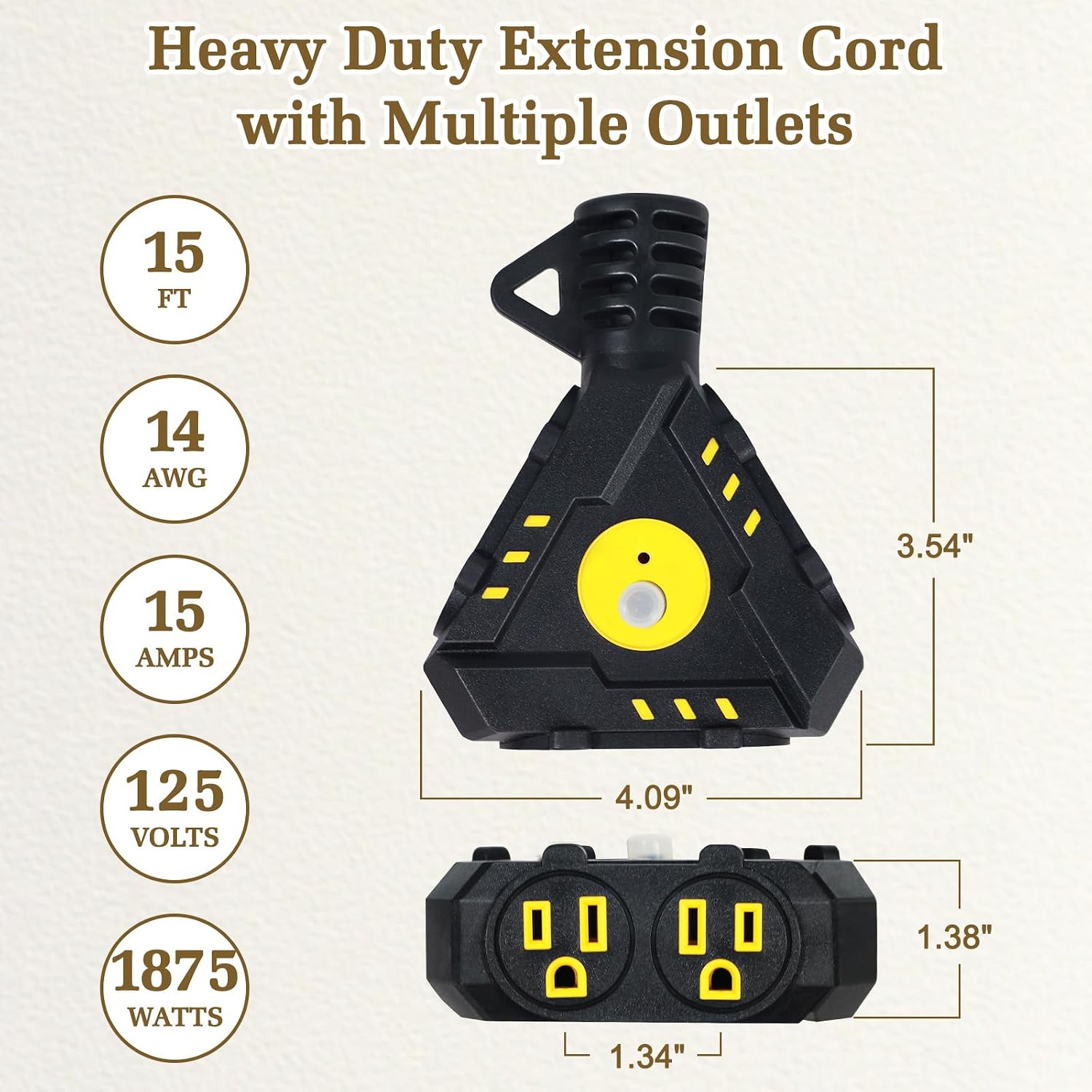 15FT 14 Gauge Outdoor Extension Cord 6-Outlet 14/3 SJTW Heavy Duty Extension Cord with Multiple Outlets Waterproof 3 Prong for Garage Workshop 15A 125V 1875W ETL Listed