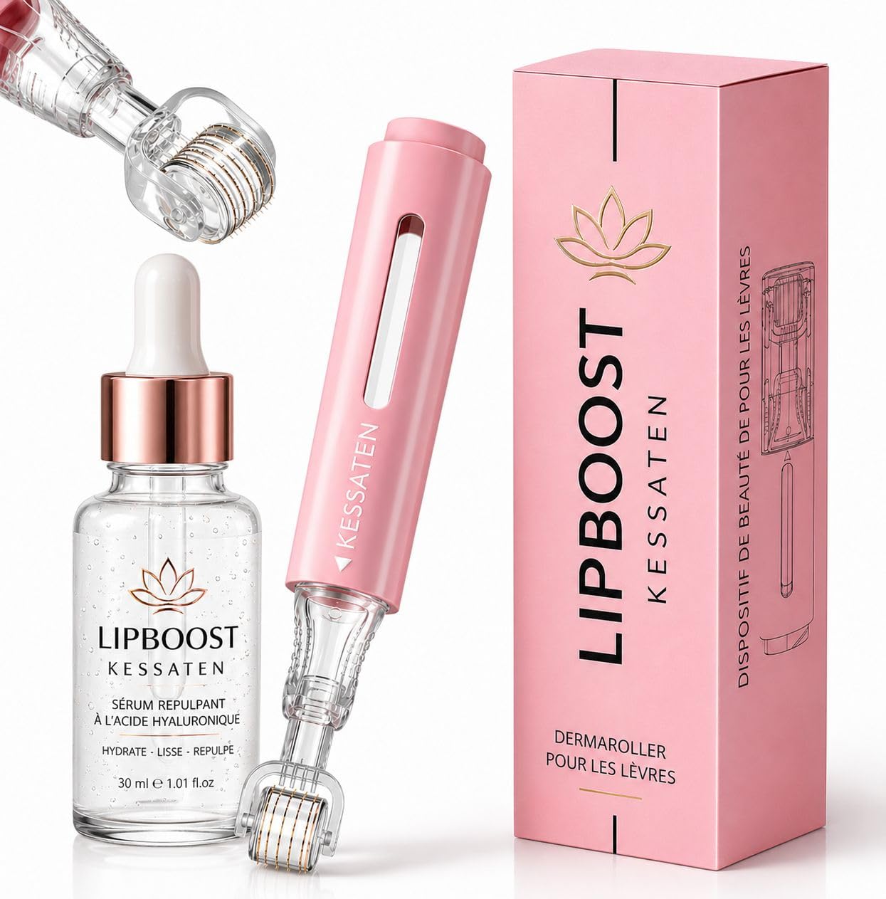 Lip Boost – Repulpeur Lèvres Microneedling – Dermaroller Lèvres 0,25 mm Réservoir – Sérum Acide Hyaluronique + 140 Aiguilles Titane – Lèvres Pulpeuses Sans Injection – Ebook Offert