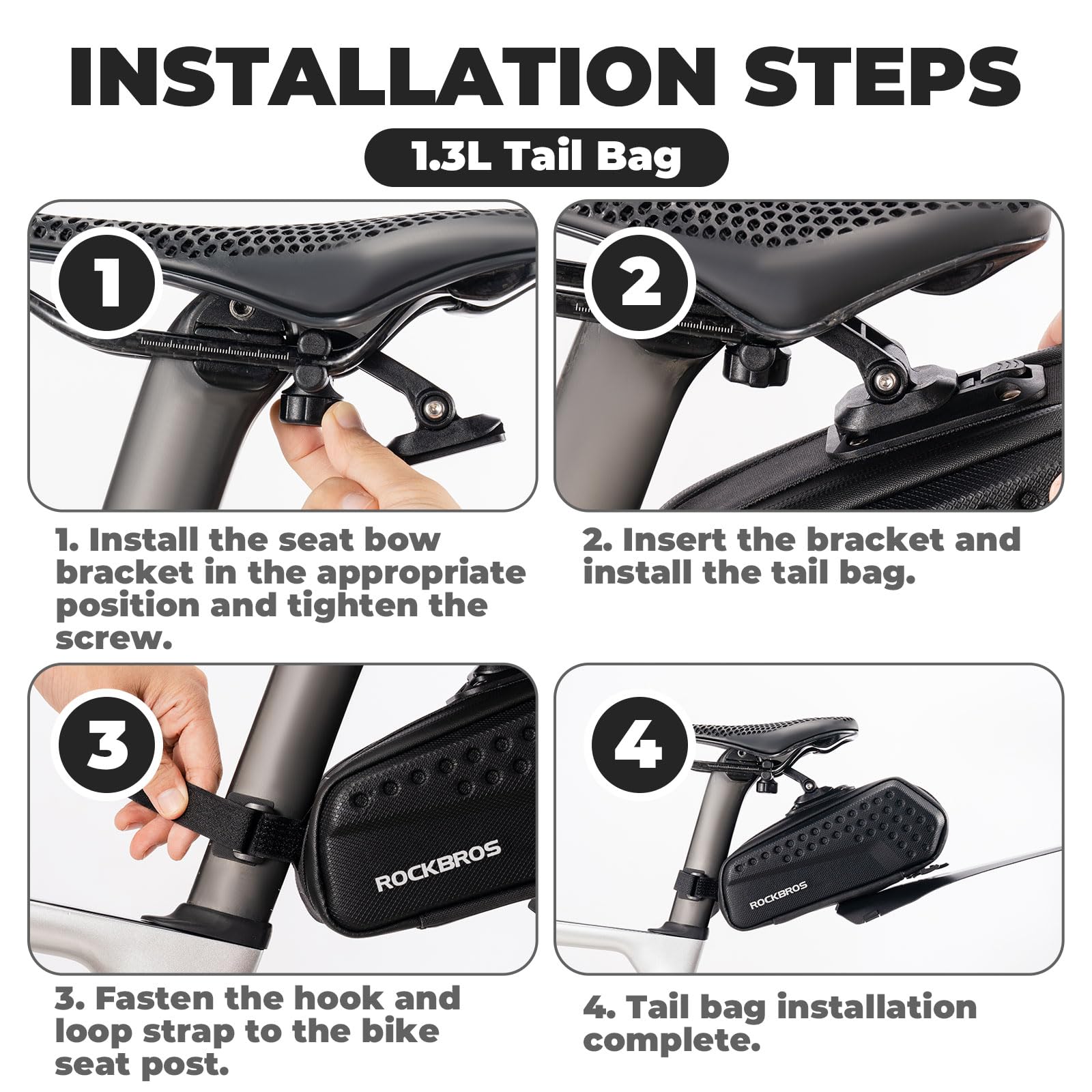 ROCKBROS Borsa Bici Sella Borse Sottosella Posteriore Bicicletta MTB Strada Grande Capacità 1.3L Rigido con Parafango Striscia Riflettente Accessori per Ciclismo, Nero