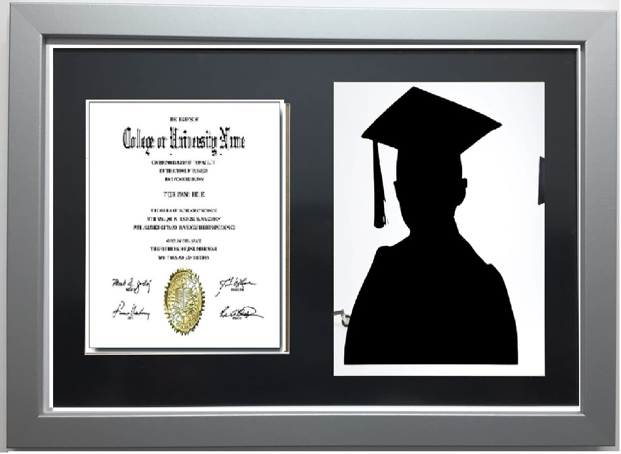 Graduation Black Mount Double Photo Frame for 1 A4 Certificate and 8X10'' Photograph (Silver)