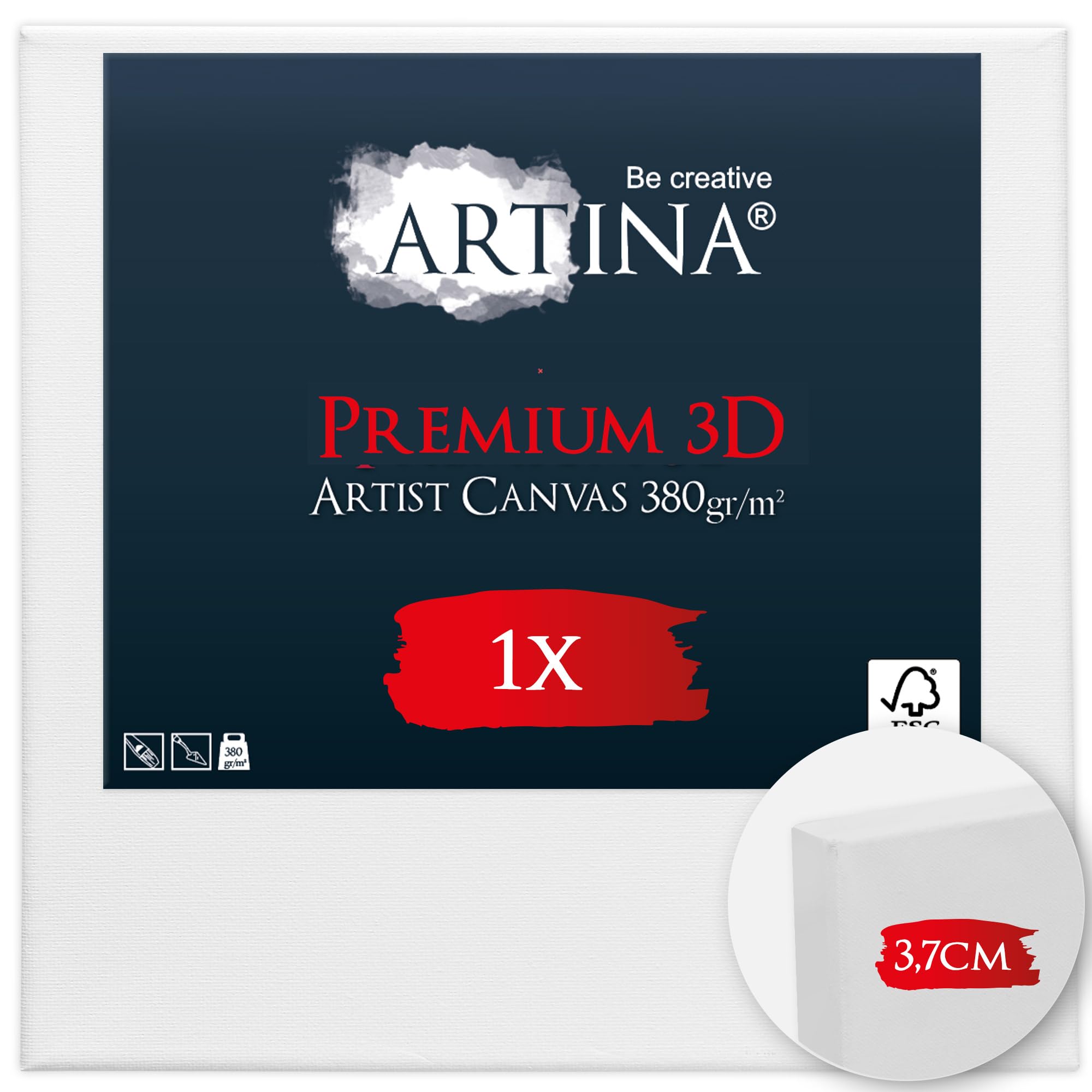 Artina Leinwand bespannt auf FSC® Keilrahmen verzugsfrei vorgrundiert | 90x90cm weiß 3-fach 100% Baumwolle Qualität Künstlerbedarf stabilem Holz Malleinwand Acrylmalerei 3D Premium