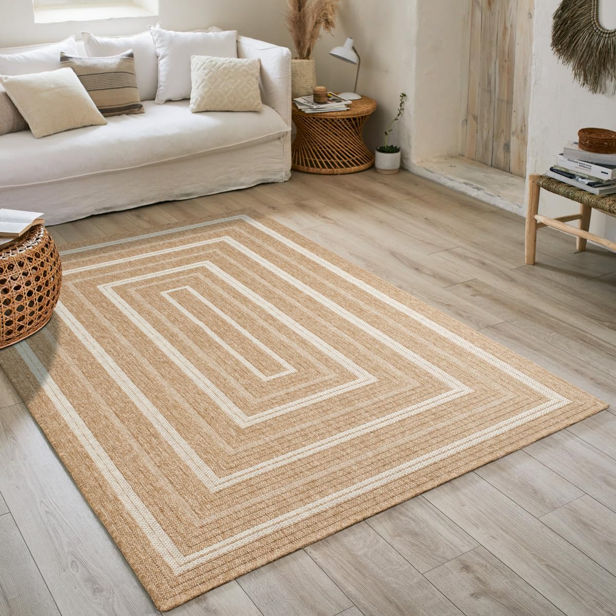 Nature 8863 - Alfombra, natural, Bohemia, con aspecto de yute, para sala de estar, dormitorio, pasillo y exterior, color natural (120 x 170 cm, blanca)