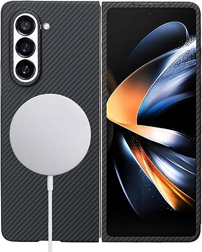 Funda de fibra de aramida para Samsung Galaxy Z Fold 5 compatible con MagSafe, color negro 600D con textura de fibra de carbono, cubierta protectora