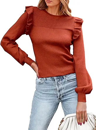 PRETTYGARDEN Women's Ruffle Long Sleeve Sweaters Crew Neck Lightweight Sweater 2025 Fall Trendy Ribbed Knit Pullover Tops