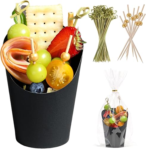 Vasos desechables para charcutería, 60 unidades con 200 palitos y 60 bolsas, cajas de papel kraft de 14 onzas, soporte para aperitivos con pinchos
