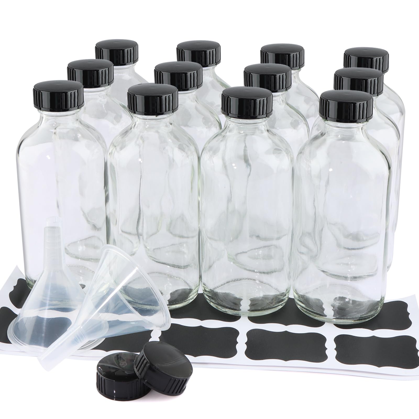 12 Pack 8 oz Clear Glass Bottles, 240ml Boston Round Sample Bottles with Black Poly Cone Caps, Labels and Funnels