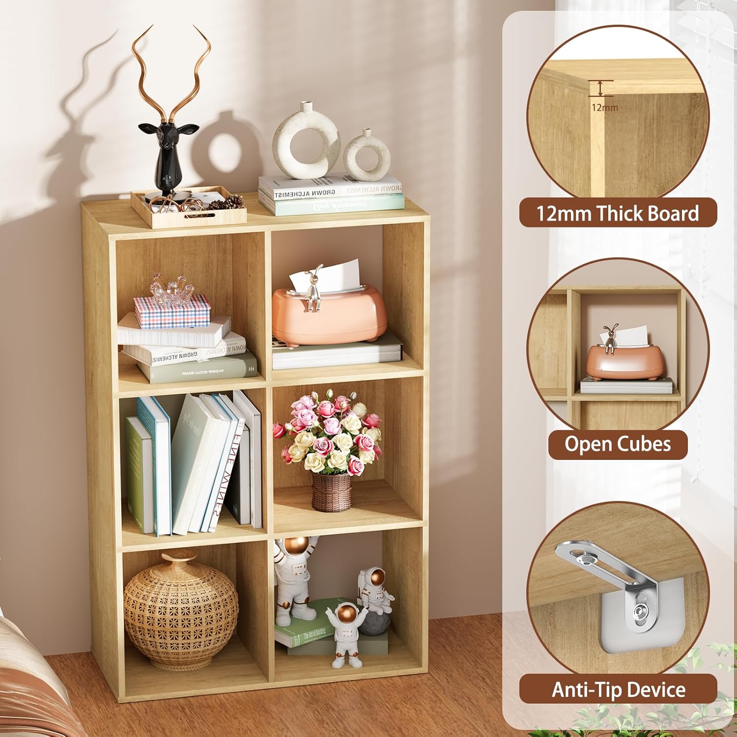 6 Cube Storage Organizer, Open Bookshelf Storage Cubes Shelf with Back Panel, Wooden Display Shelf Bookcase Standing Shelves for Living Room, Bedroom, Home Office (Oak, 6-Cube)
