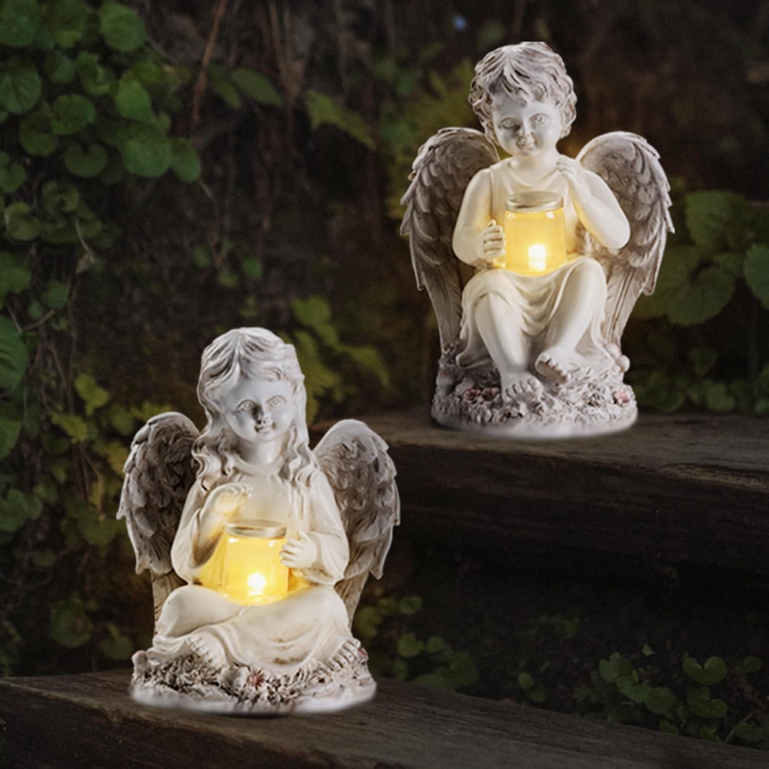 2 Pack Outdoor Angel Statue Garden Decor, Classic Solar Angel Figurine Decoration for Yard Art Indoor Porch Home Lawn Outside Light up Cherub Sculpture Guardian Wings Angel Memorial Gifts Christmas - Image 5