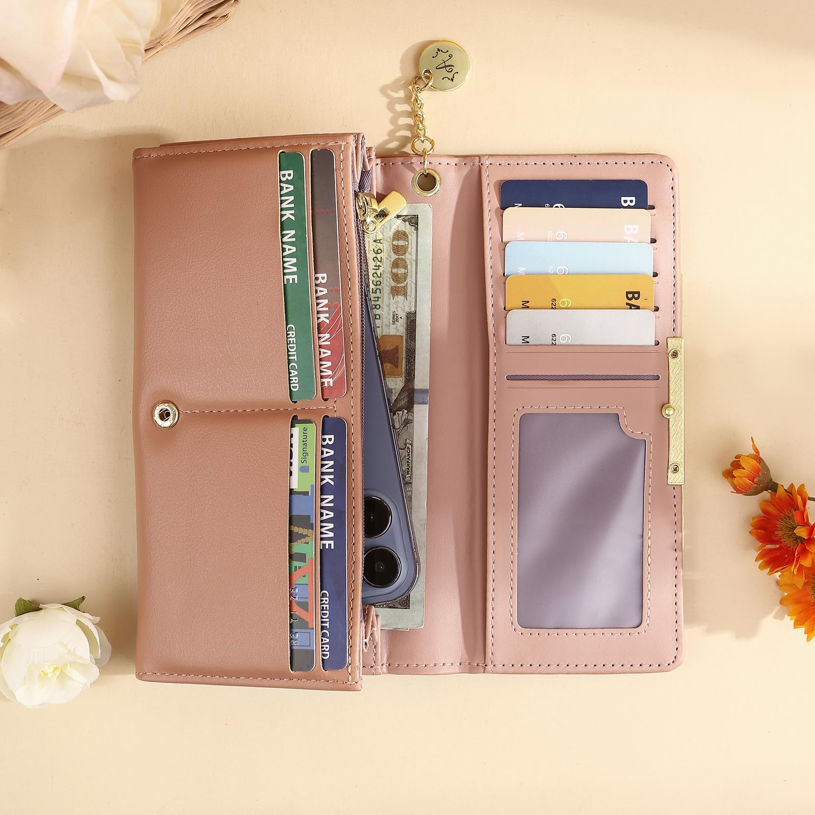 Personnalisé Portefeuille Femme Grand Format Photo et Nom Portefeuille avec Pochette de Monnaie Porte-Cartes Cadeau pour Femme Anniversaire Noël (Rose)