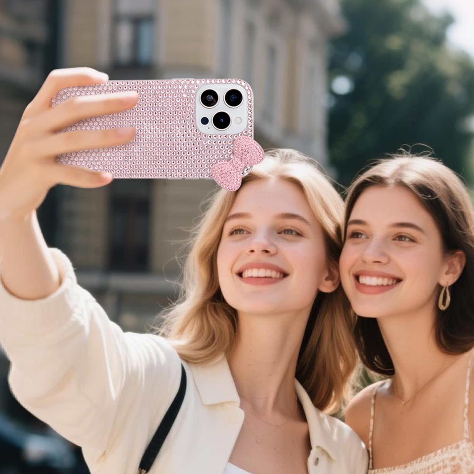 Niedliche Schutzhülle für iPhone 11, 15,4 cm (6,1 Zoll), mit HD-Displayschutzfolie, rosa Glitzer, Strass, Schleife, Handyhüllen, glitzernd, transparent, stoßfest, für Damen, Mädchen und Kinder