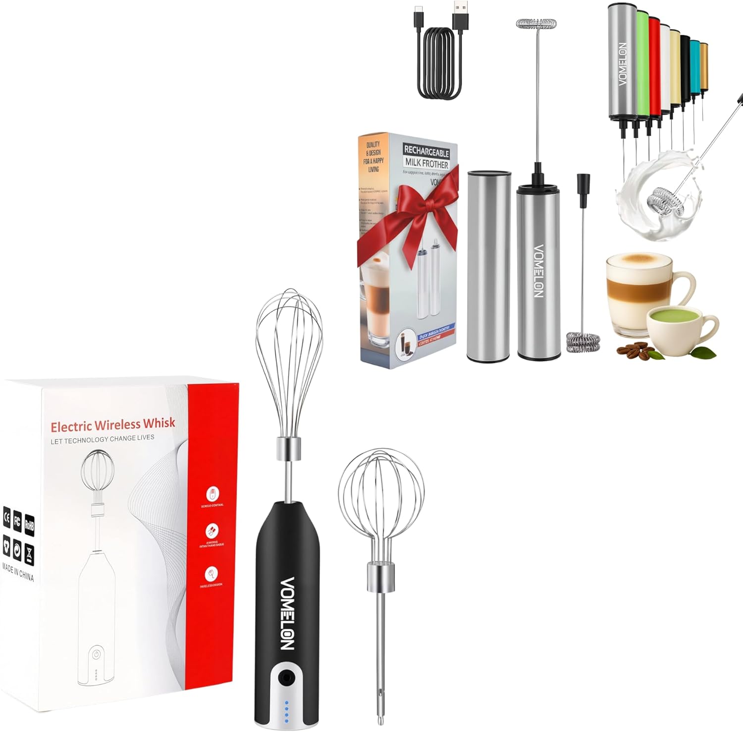 Frother & Hand Mixer Gift Set – Rechargeable Milk Frother and Wireless Egg Beater with Stainless Steel Whisks for Coffee, Baking & Holiday Gifts