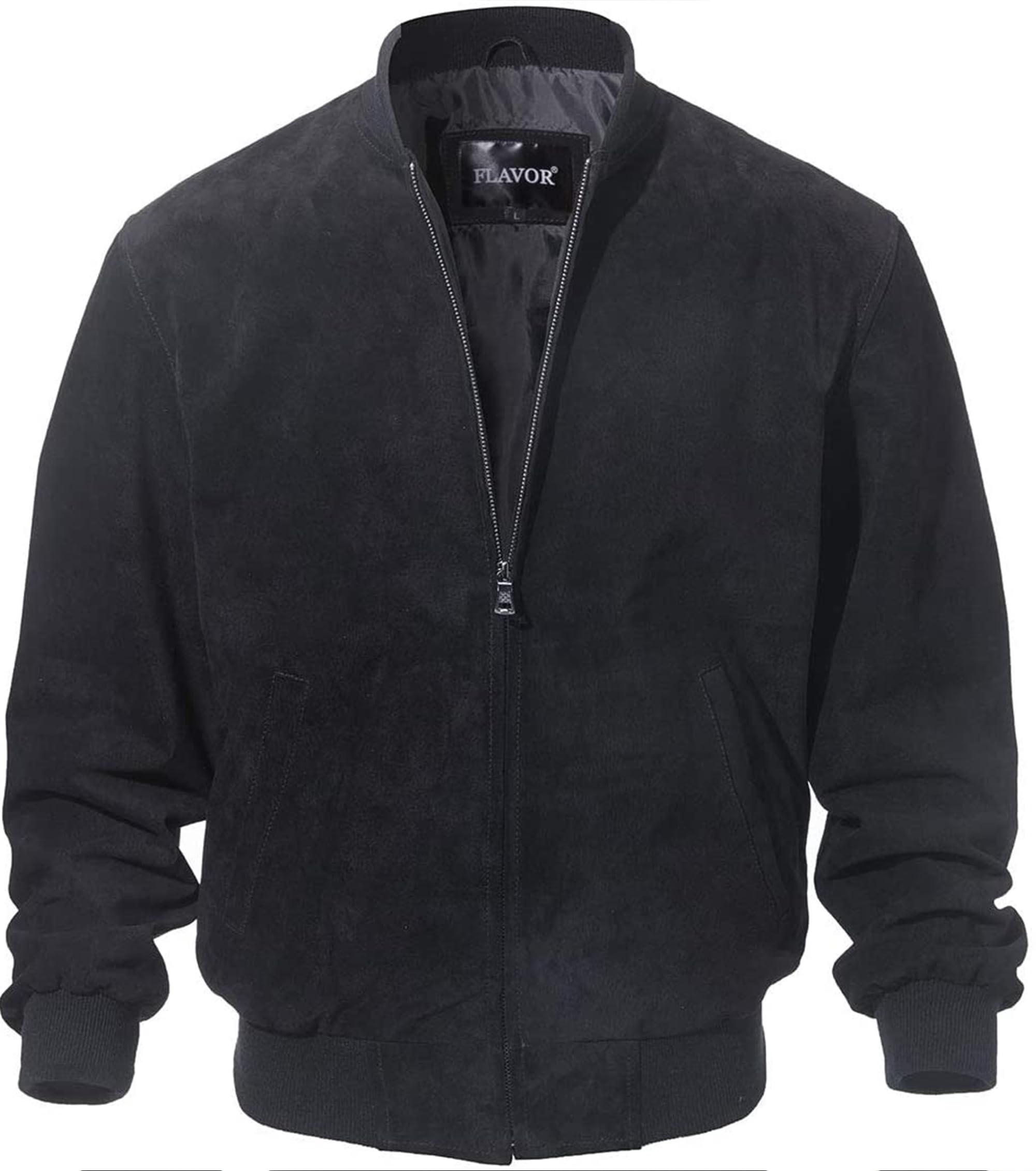FLAVOR Men's Leather Baseball Jacket Vintage Suede Pigskin (Large, Black)
