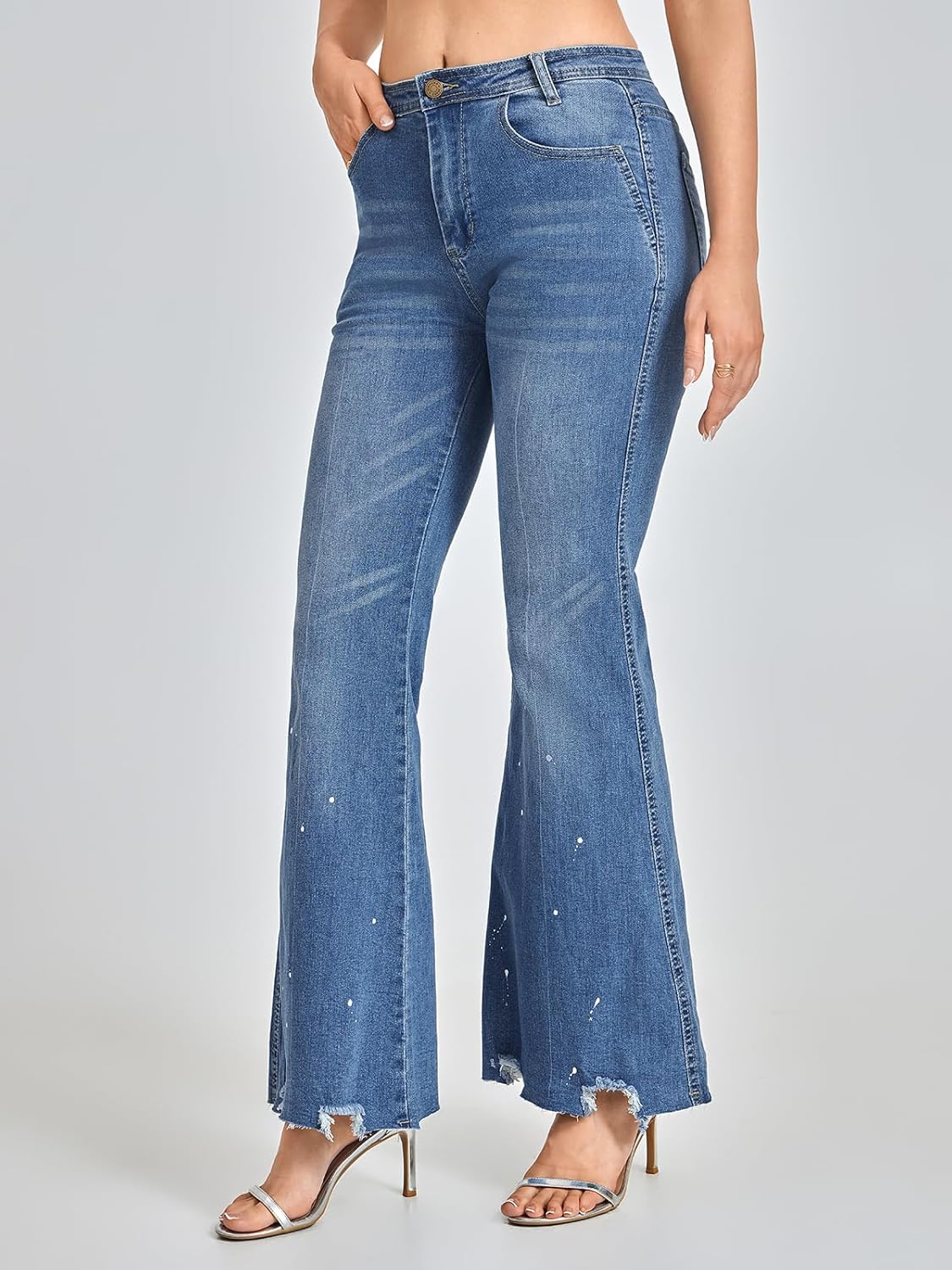 Women's High Waisted Flare Jeans Bell Bottom Wide Leg Denim Pants with Raw Hem Trendy Stretchy Casual Trousers