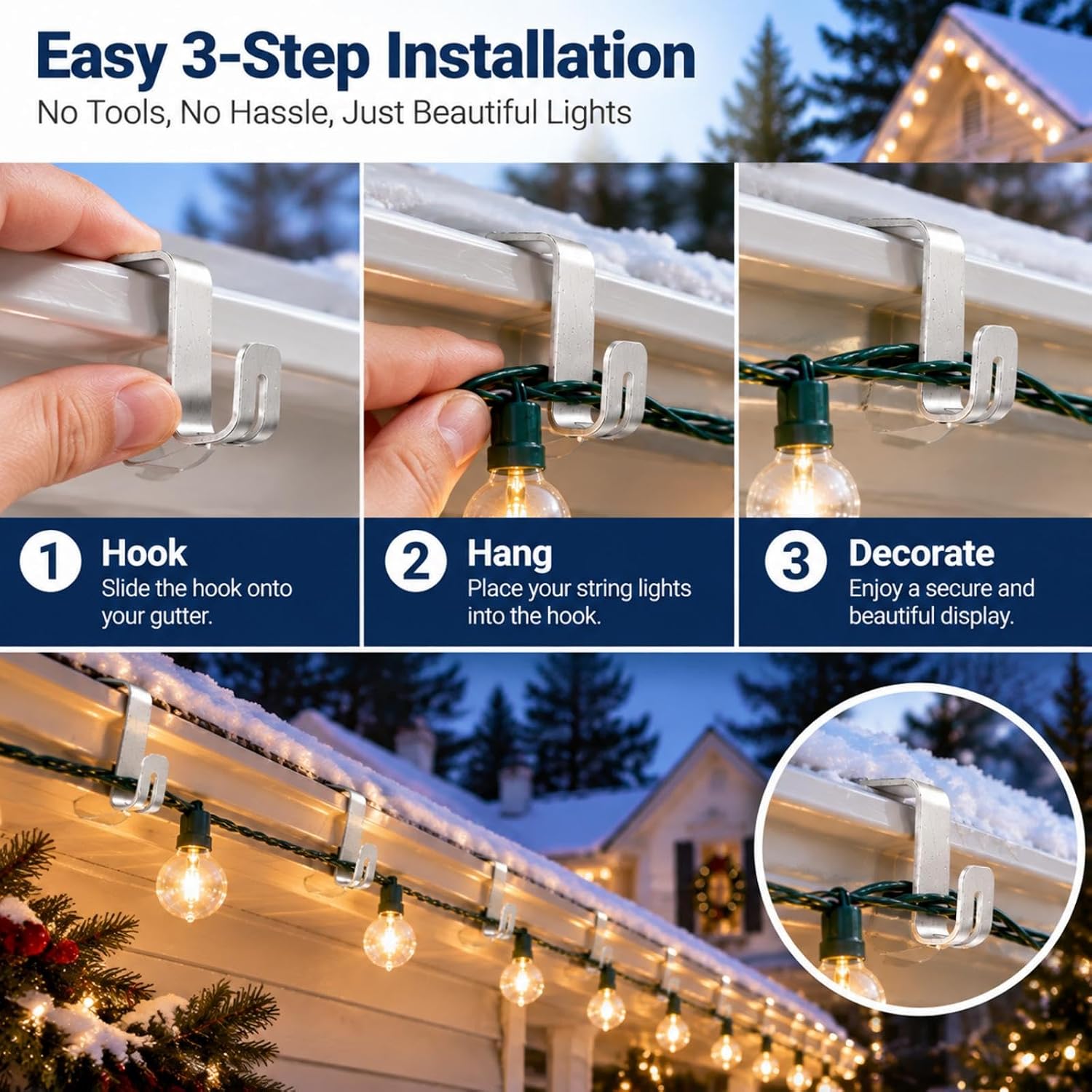 100 Pcs Gutter Light Clips for Outdoor, Christmas Light Hooks, Silver