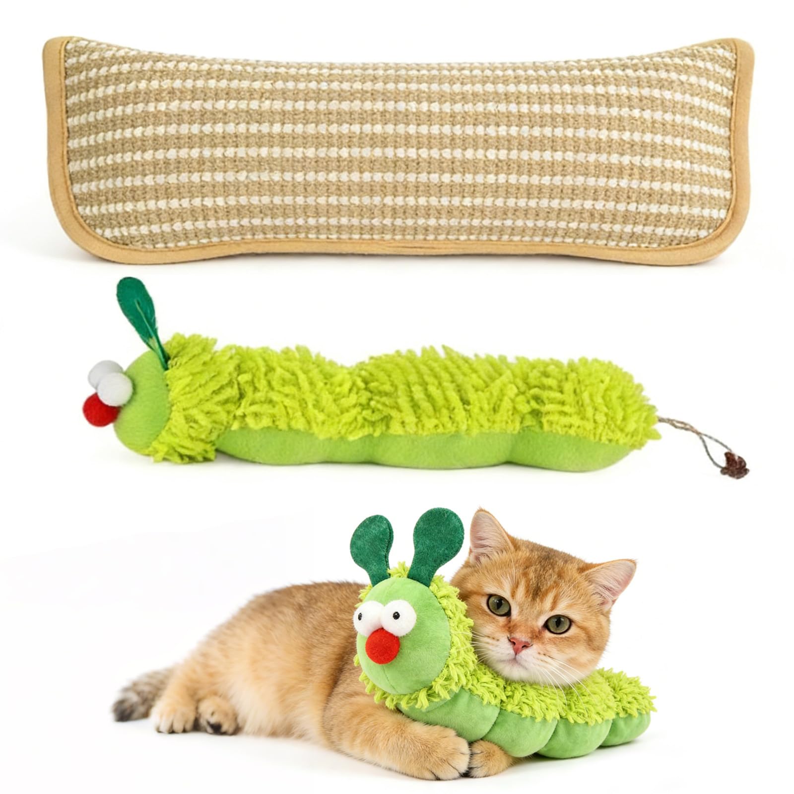 Lirynox 2 Pcs Natural Sisal Catnip Kicker Pillow and Bite-Resistant Plush Caterpillar Design, Catnip Toy for Indoor Cats, Calming Cat Chew Toys for Teeth Cleaning, Kitten Toys for Teething Play