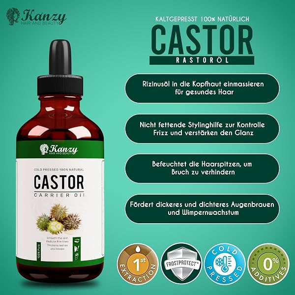 Kanzy Rizinusöl Kaltgepresst 100ml, Castor Oil for Hair Growth Natürlich Rizinus Öl für Körper, Haare, Nägel, Wimpern, Augenbrauen - 4