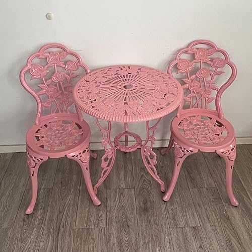 Miniatura 3 de Juego de 2 mesas y sillas de aluminio fundido para exteriores, 3 piezas, con agujero para sombrilla para patio, jardín (rosa, rosa)