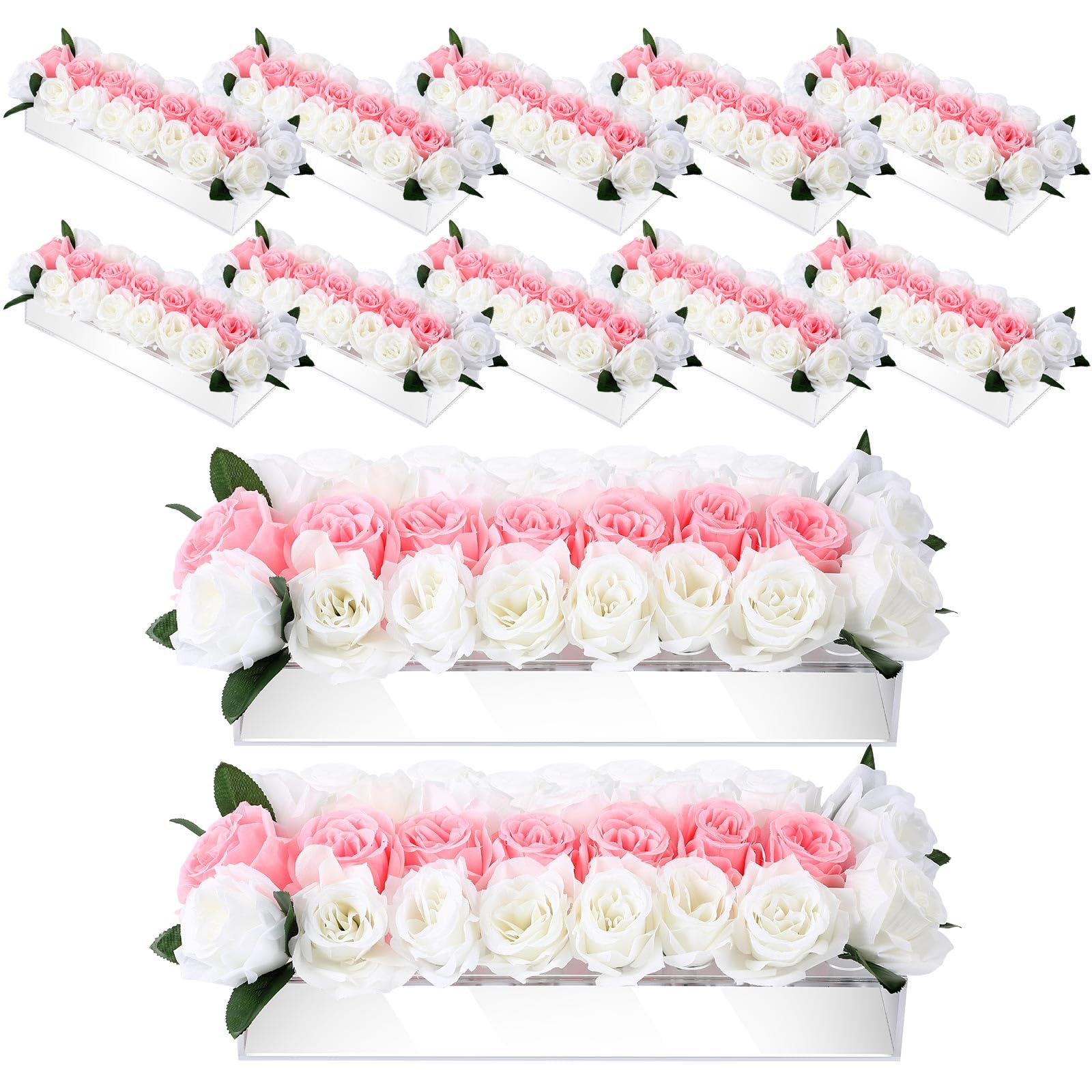Geetery 12 Pcs 24 Holes 15.7 Inches Acrylic Flower Vase Rectangular for Wedding Bulk Clear Floral Centerpiece Modern Long Rectangle Acrylic Vase Low Floral Votive Box for Wedding Party Decor Table