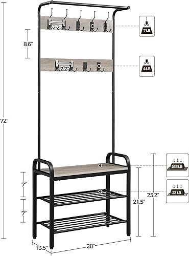 Miniatura 3 de Yaheetech Árbol de pasillo con banco y almacenamiento de zapatos para entrada, perchero 4 en 1, banco de zapatos con 23 ganchos, una barra para