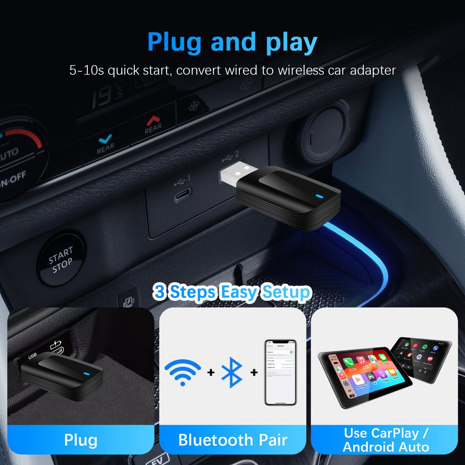 KAOLALI Wireless Carplay & Android Auto Adpater 2 in 1 für Werkseitig Verkabelte Wireless CarPlay Dongle Konvertiert Kabelgebunden zu Kabellos für Autos, Plug and Play, für iOS 10+, Android 11+