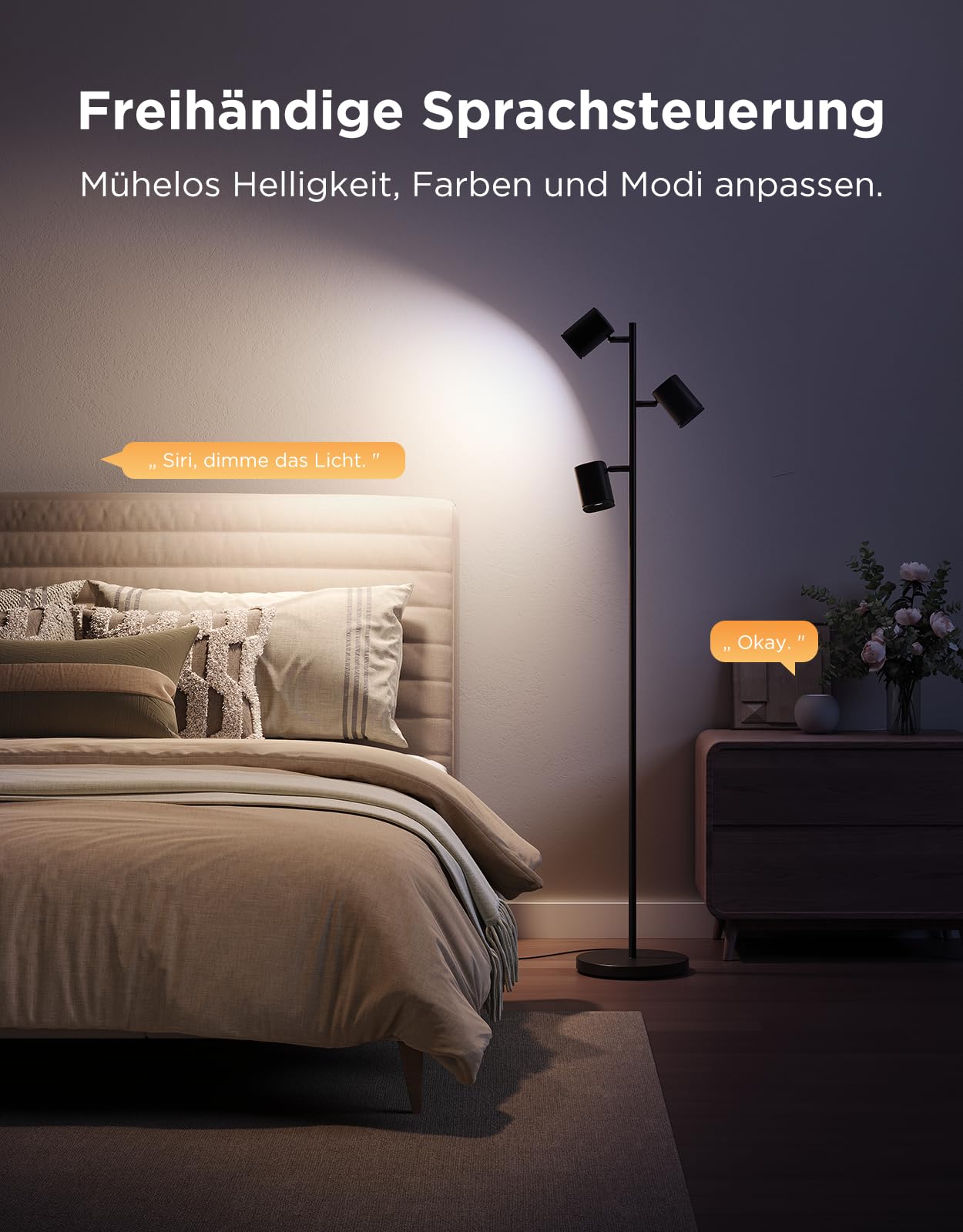 Govee 3-Flammen LED Stehlampe, RGBWW Fokus-Verstellbar, 1500lm, Matter Alexa Kompatibel, 64+ Szenen, Musik Sync, 157cm, Schwarz