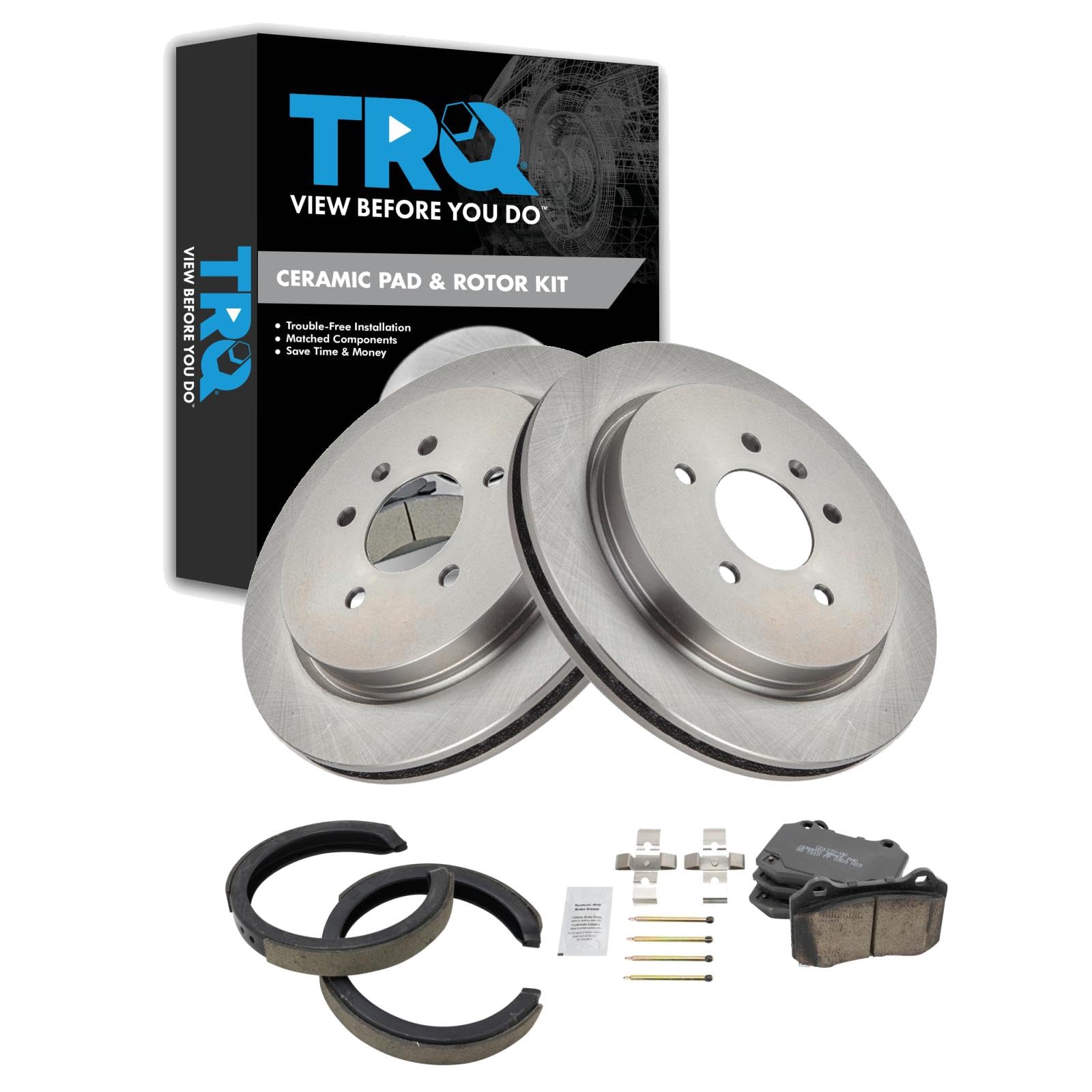 TRQ Rear Brake Pad and Rotor Set Ceramic Parking Brake Shoe, Code J56 JL9 Compatible with 2005-2010 Cadillac STS
