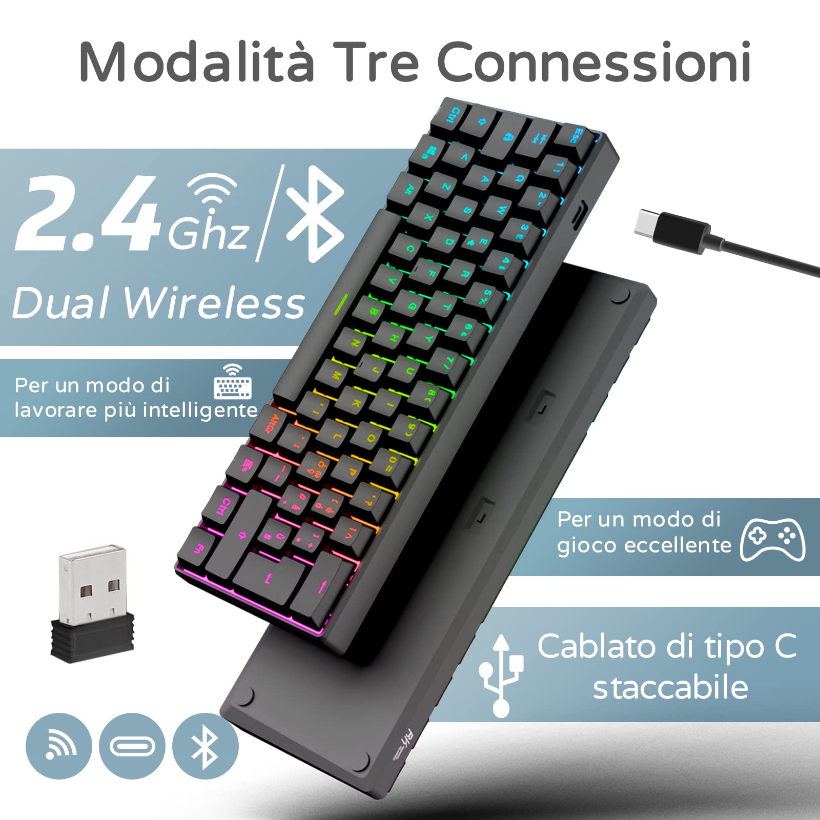 RK61 Tastiera Gaming Meccanica, 60% Tastiera Wireless 2.4Ghz/Bluetooth/USB-C RGB Backlit Interruttore Marrone Hot Swap Double-Shot ABS Keycaps Compatibile con Win/Mac, Nero(QWERTY Layout Italiano)