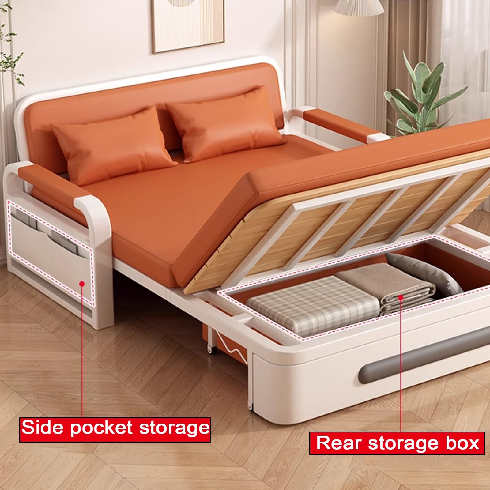 Klappsofa mit Schlaffunktion Leder Gästebett mit Stauraum Rahmen Aus Karbonstahl Wohnzimmer Sofa mit Rollen 7 cm Dicker Schaumstoff für Zuhause, Büro(Orange,192 * 82 * 65cm)