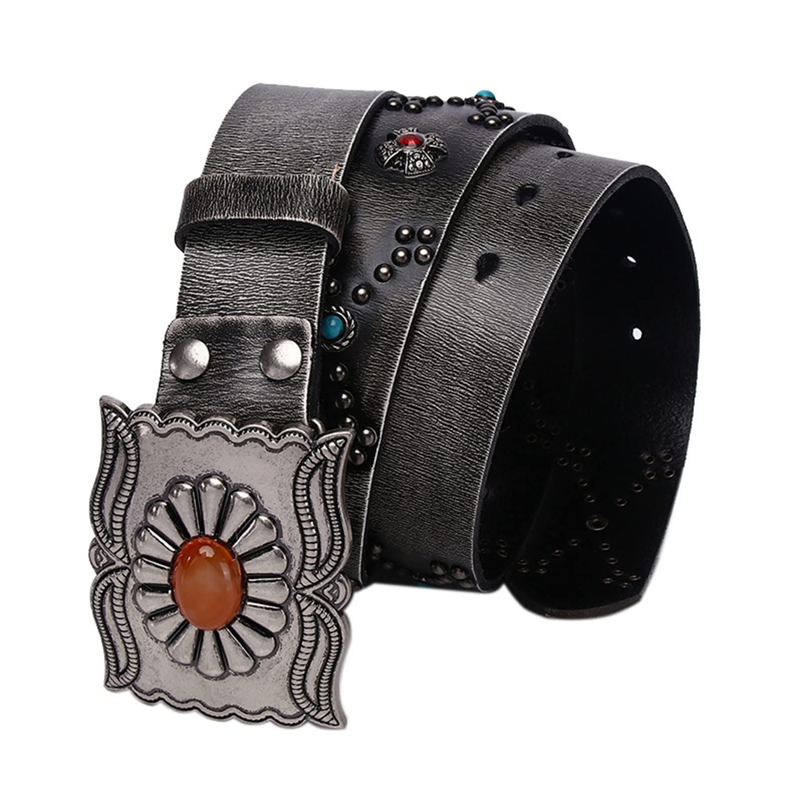 Punk Hip Hop Style Echtleder Gürtel - Dreireihig Mit Metallbesatz, Braun 110 Cm