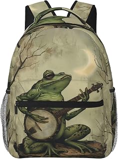Frog Playing Banjo Backpack for Travel Work School Sports Gifts, Durable Polyester Lightweight Camping Hiking Whimsical Forest Animal Backpacks Bookbag for Women Teen Girls, 15.7 Inch