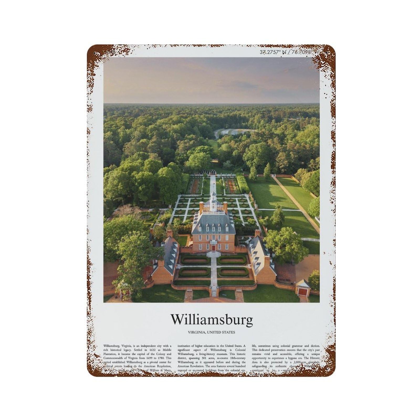 xiaoxiaoshen Williamsburg Virginia, United States, USA City Scenery Wall Decor Art Metal Tin Poster Modern Home Decor Art Home Bar Shop Decorations Vintage Sign 40x30cm