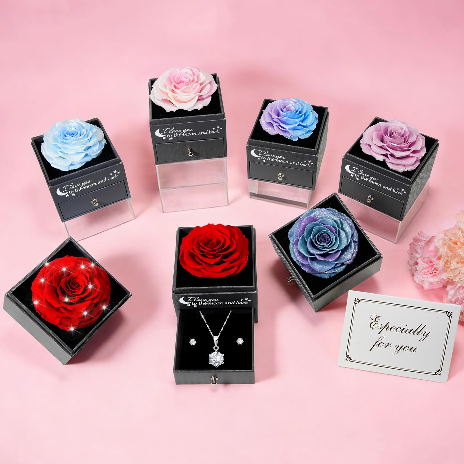 Miofula Rosa Stabilizzata Regalo Donna, Rosa Eterna con Collana Donna Argento Orecchini Regali Mamma Compleanno Festa della Mamma, Fiori Scatola Regalo San Valentino Anniversario per Lei Fidanzata