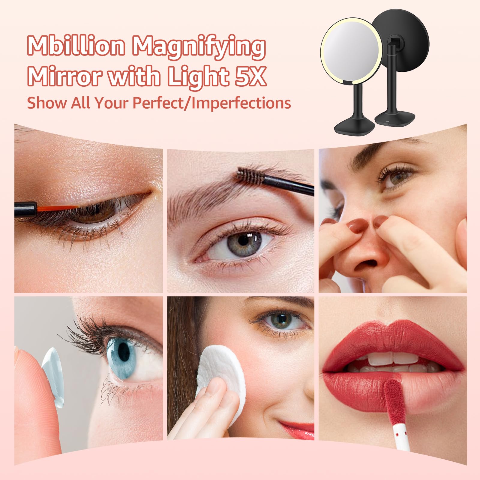 Mbillion Espejo de aumento con luz 5X, espejo de maquillaje portátil para escritorio, mesa de sobremesa, ajuste multiángulo, recargable para dormitorio, viajes (negro)