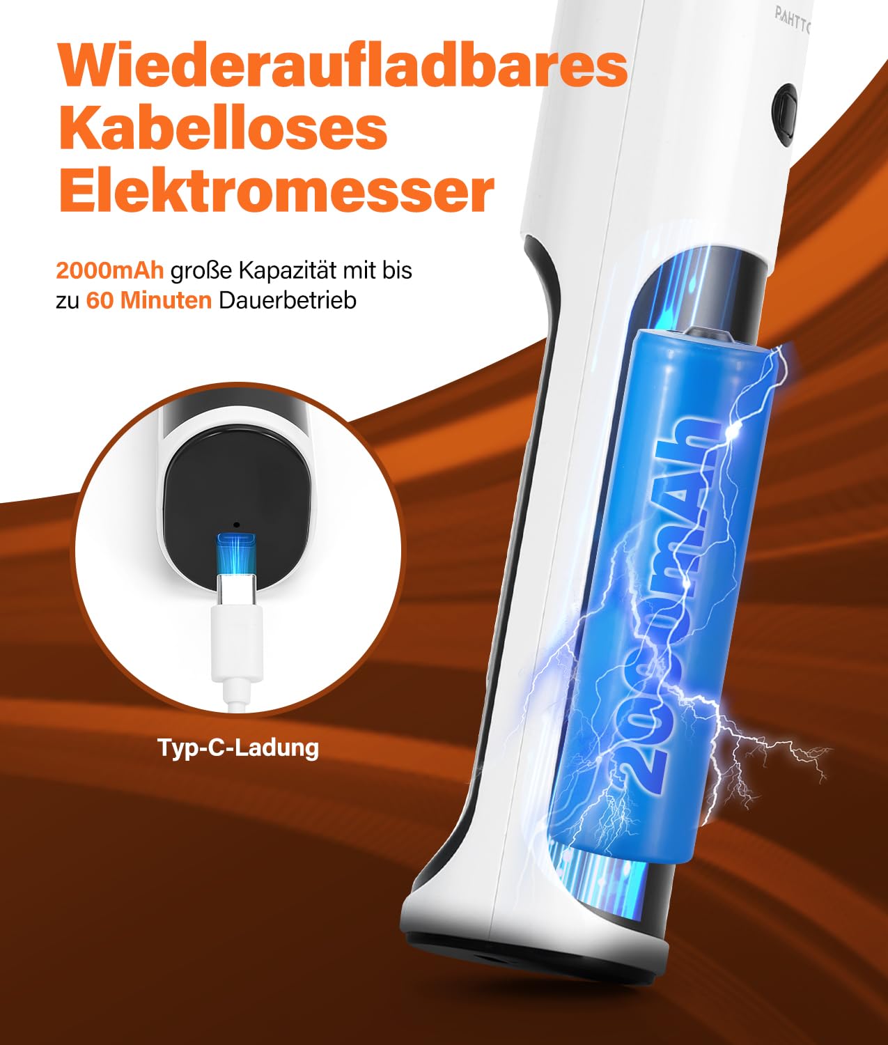 PAHTTO Kabelloses Elektromesser mit Edelstahl-Doppelklingen, Brotschneidemesser Dönermesser Küchenmesser inkl. Box, Gabel und klappbarem Schneidebrett