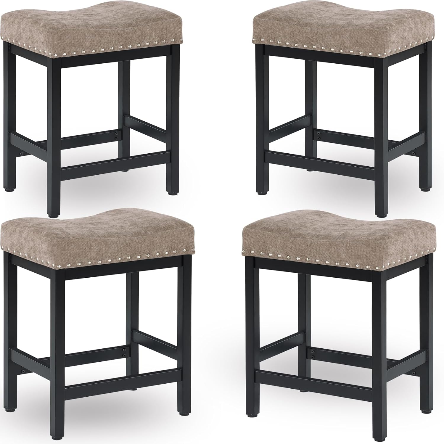 KORZEY Bar Stools Set of 4, 24" Counter Height Bar Stools, Taupe Fabric Barstools Black Metal Frame for Kitchen Island, Saddle Barstools with Nailhead Trim, FBDB4