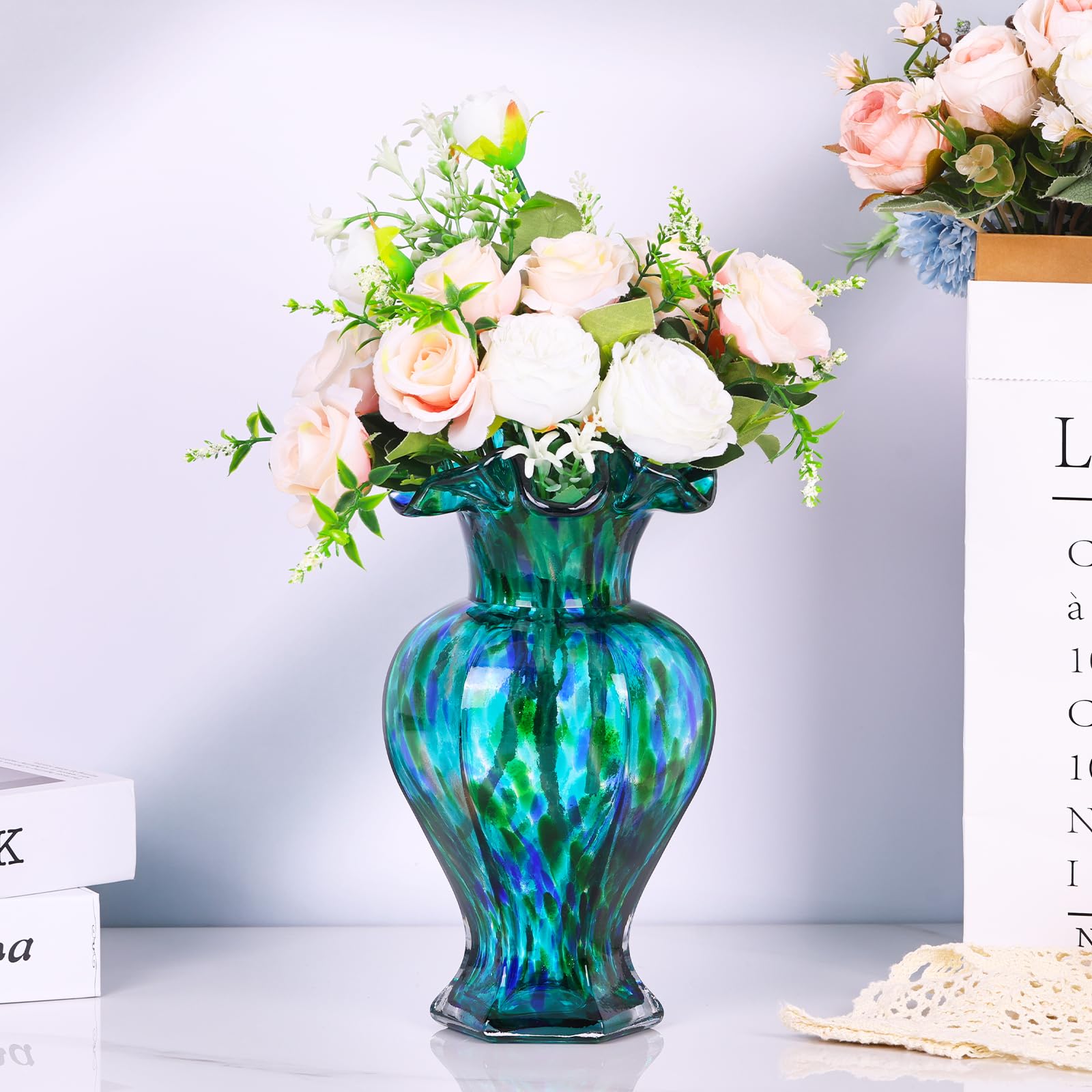 LCCCK Jarrón de Cristal Azul Turquesa de 9.5 Pulgadas de Alto, Hermoso jarrón de Flores de Vidrio soplado a Mano para centros de Mesa, Moderno jarrón de Cristal de Murano, para decoración del hogar