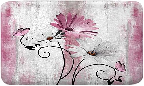 Tapete de baño rústico de granja, diseño de margaritas rosas y flores, mariposa, tapete de baño de madera para baño, tapete de baño suave y