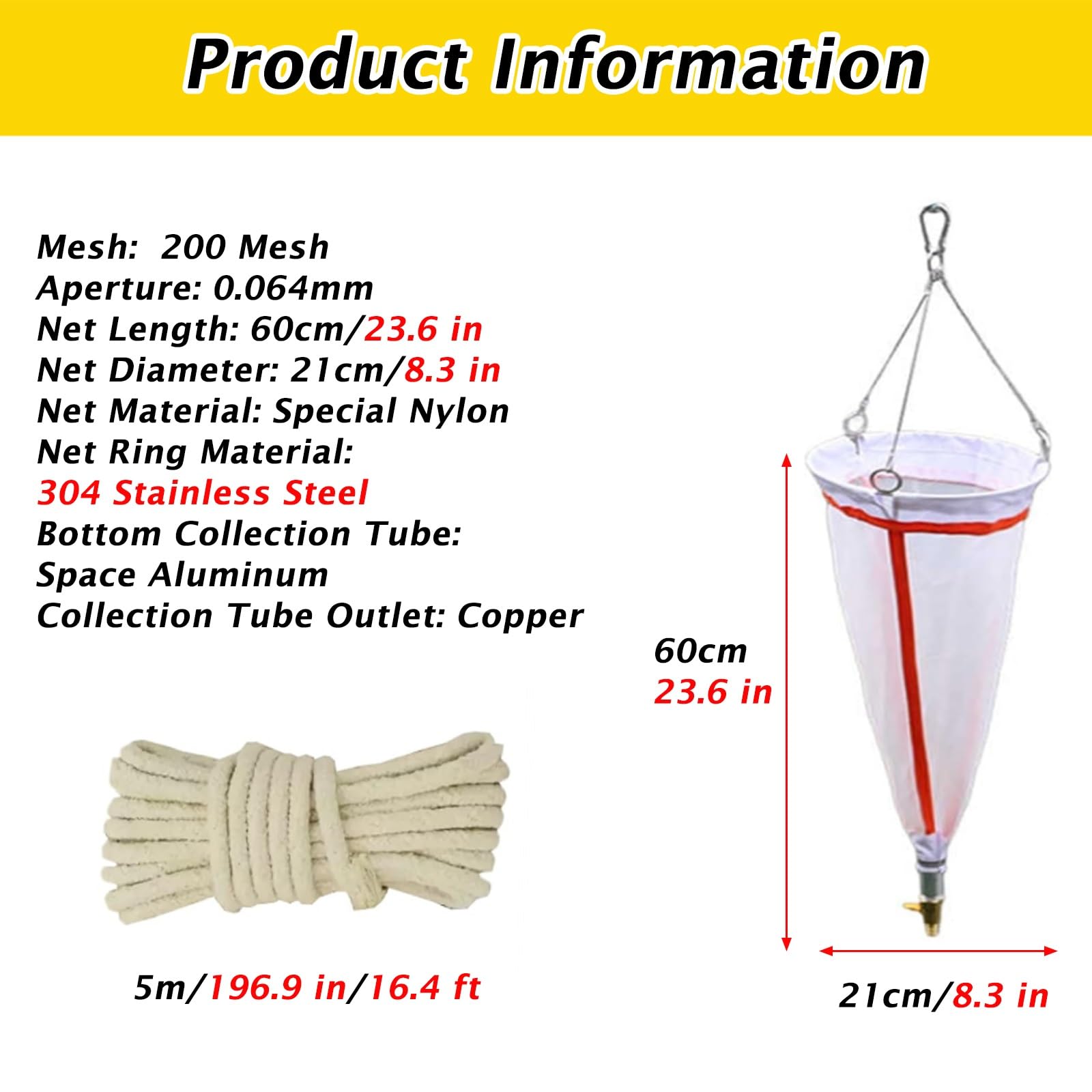 125 & 200 Mesh Biological Net for Planktons, Plankton Sampling Nets with 5 M/16.4 FT Rope & Valve & 304 Stainless Steel Mesh Ring, Outdoor Nylon Collection Net(200 Mesh-Aperture 0.064 mm)