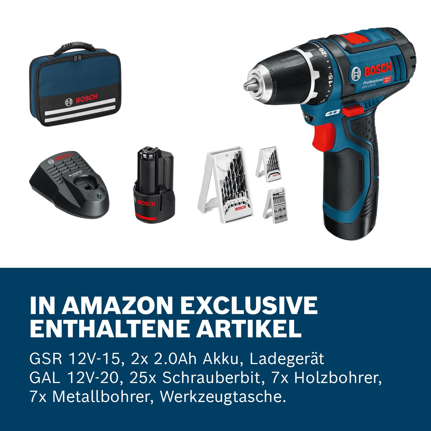 Bosch Professional GSR 12V-15 Akku Bohrschrauber 12V System 2x2.0 Ah Ladegerät Zubehör-Set