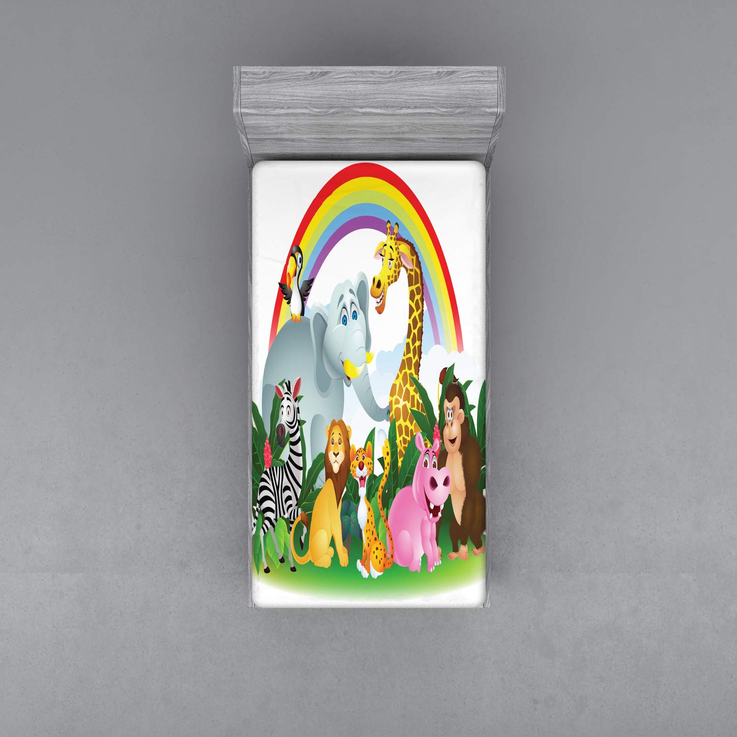 ABAKUHAUS - Lenzuolo Con Angoli In Microfibra 90x200 Cm - Animali Sotto L'arcobaleno, Verde E Giallo - 3