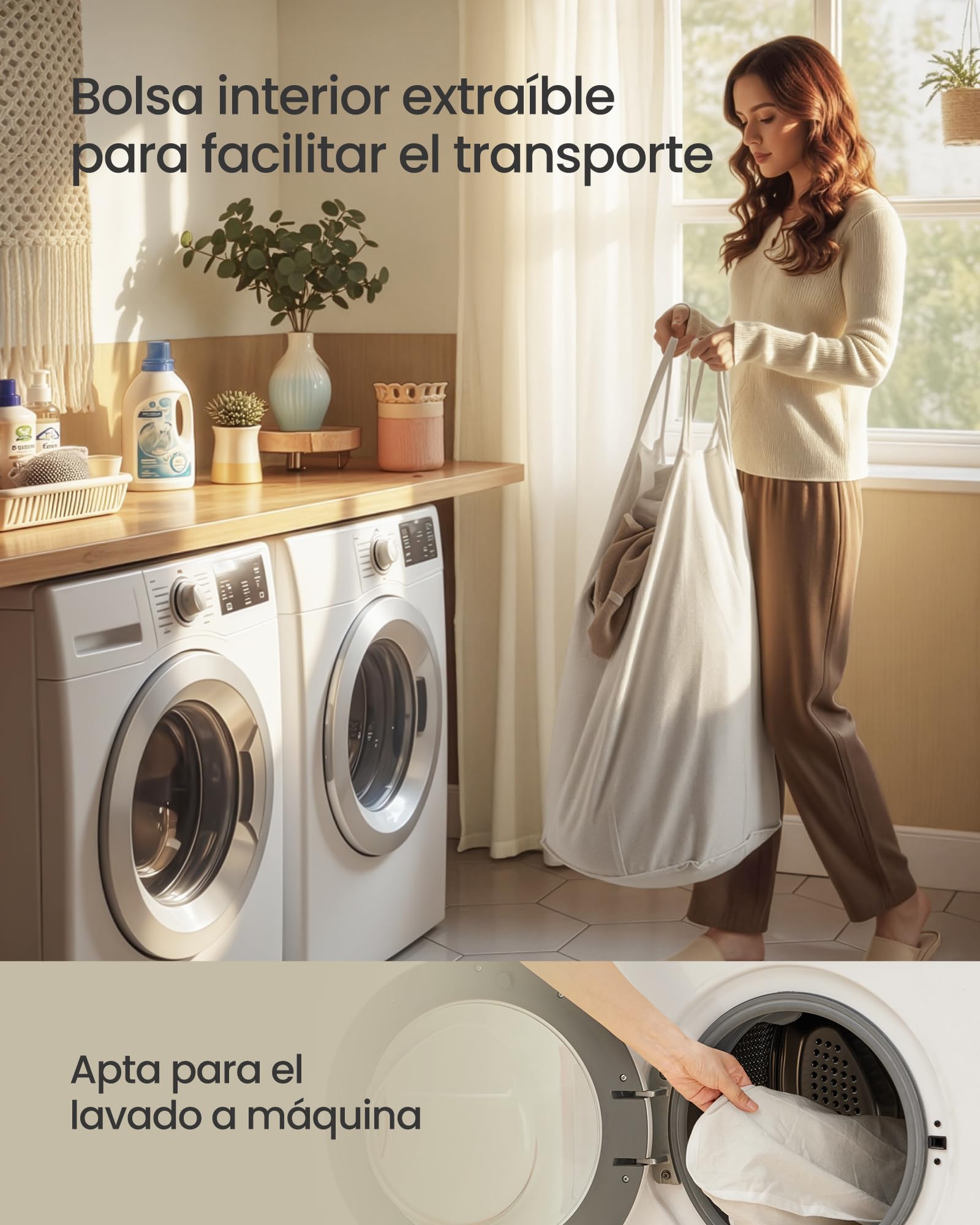 SONGMICS Cesto para la Ropa Sucia con Tapa, 60 L, Bambú, Rectangular, con Asas, Plegable, Forro Extraíble Lavable a Máquina, Natural LCB076YZ01