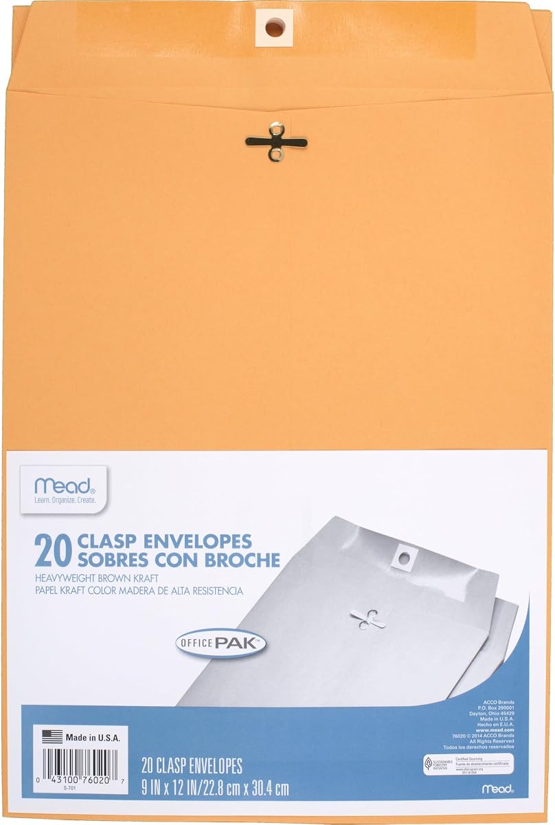 Envelopes, 9" x 12", Clasp Closure, Brown Kraft All-Purpose 24-lb Paper Mailing Envelopes, 20 Count (76020)