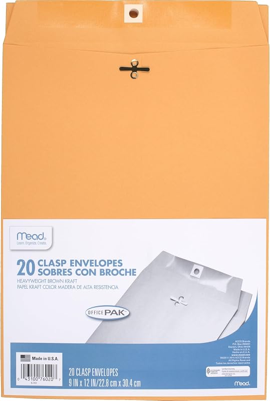 Envelopes, 9" x 12", Clasp Closure, Brown Kraft All-Purpose 24-lb Paper Mailing Envelopes, 20 Count (76020)