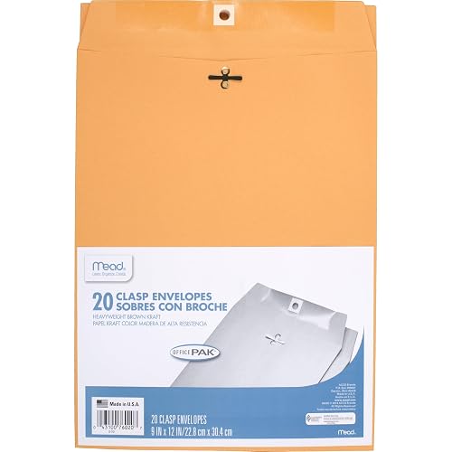 Mead Envelopes, 9" x 12", Clasp Closure, Brown Kraft All-Purpose 24-lb Paper Mailing Envelopes, 20 Count (76020)