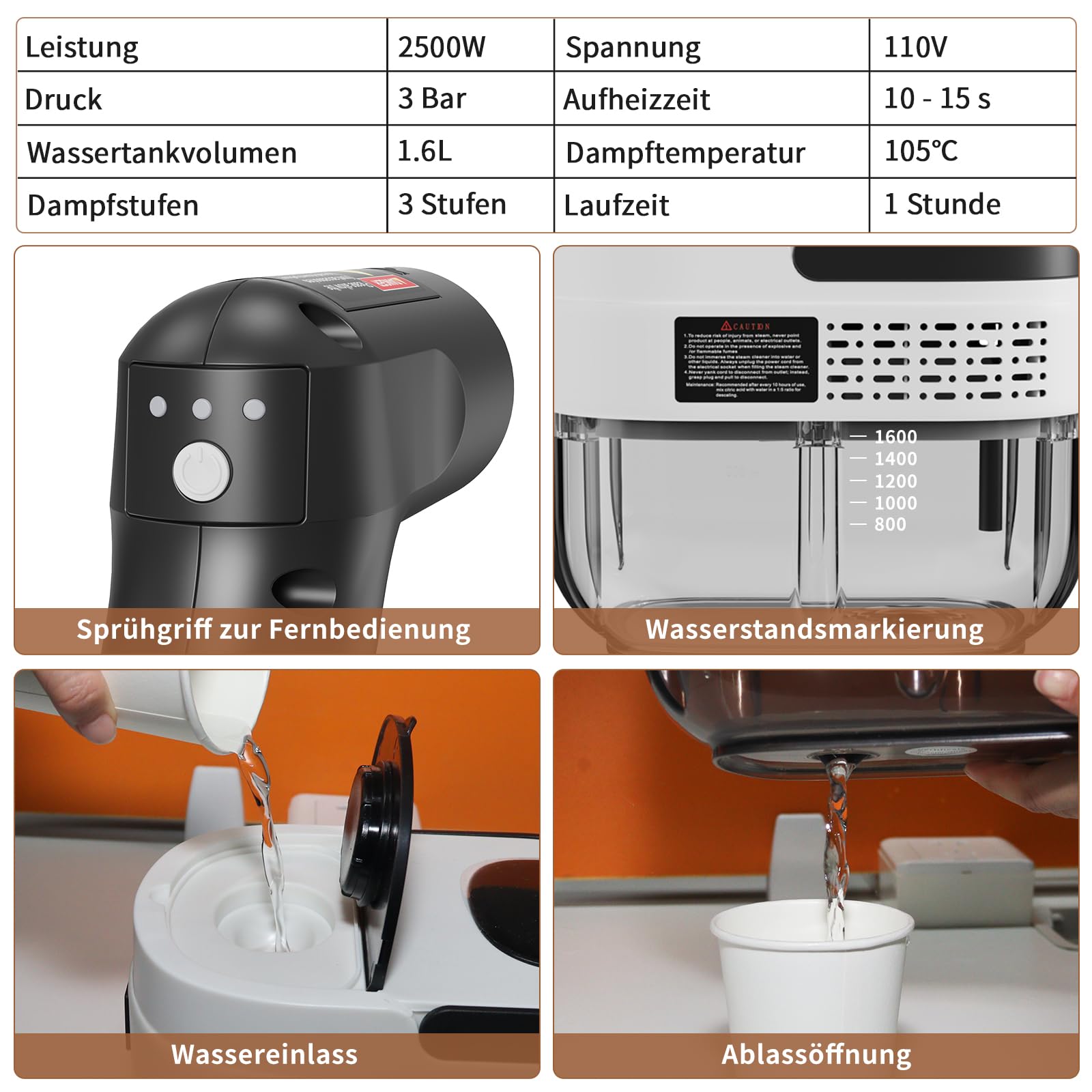 Dampfreiniger Handgerät, 2500W Handdampfreiniger mit 1,6-Liter-Wassertank, 15 Sekunden Aufheizzeit, Dampfabgabe vom Handgriff aus, 16 Zubehörteilen, Steam Cleaner für Alles, Autos, Weiß