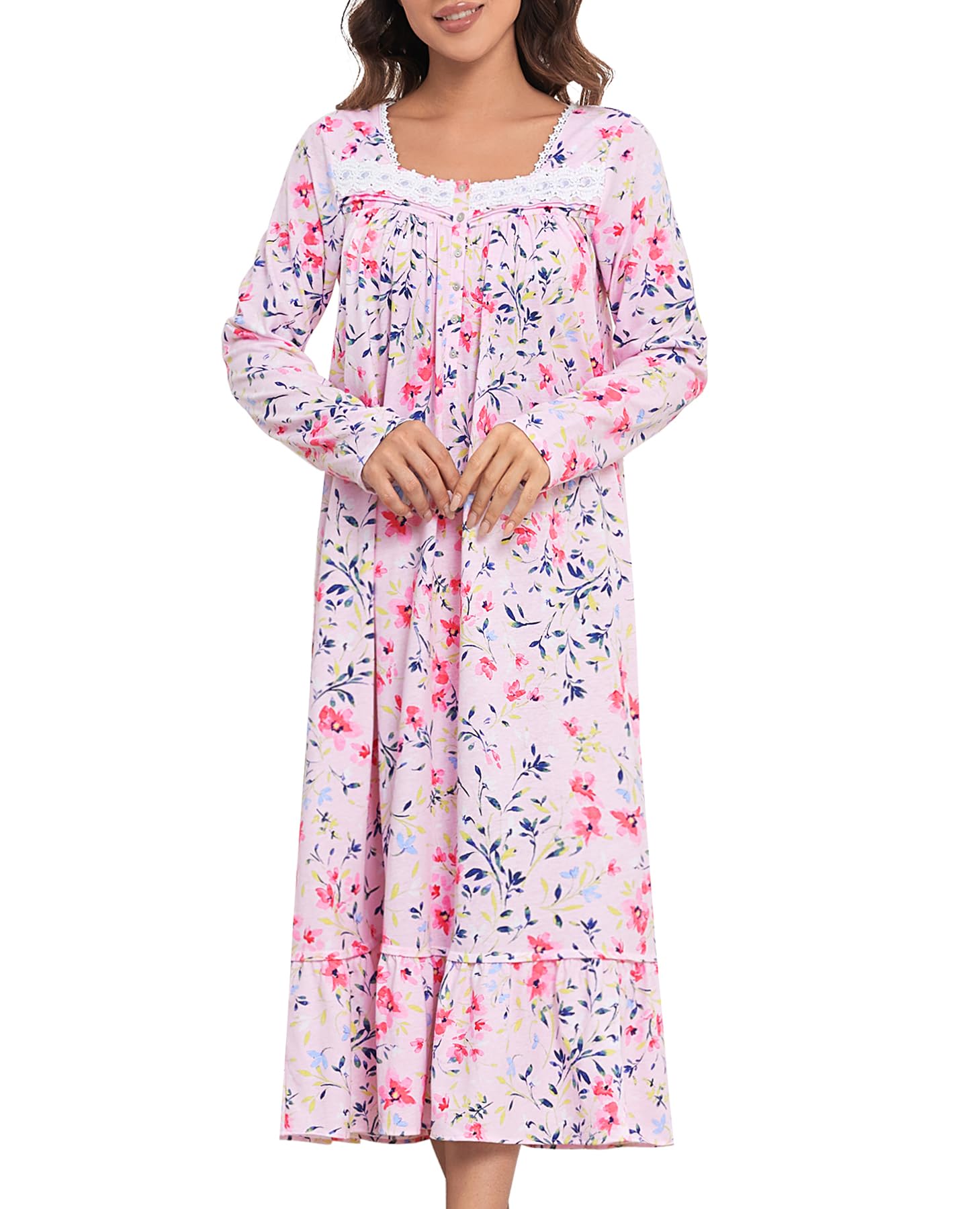 IZZY + TOBY Women Nightgowns Soft 100% Cotton Long-Sleeve Sleepshirts Kintted Ladies Night Gown