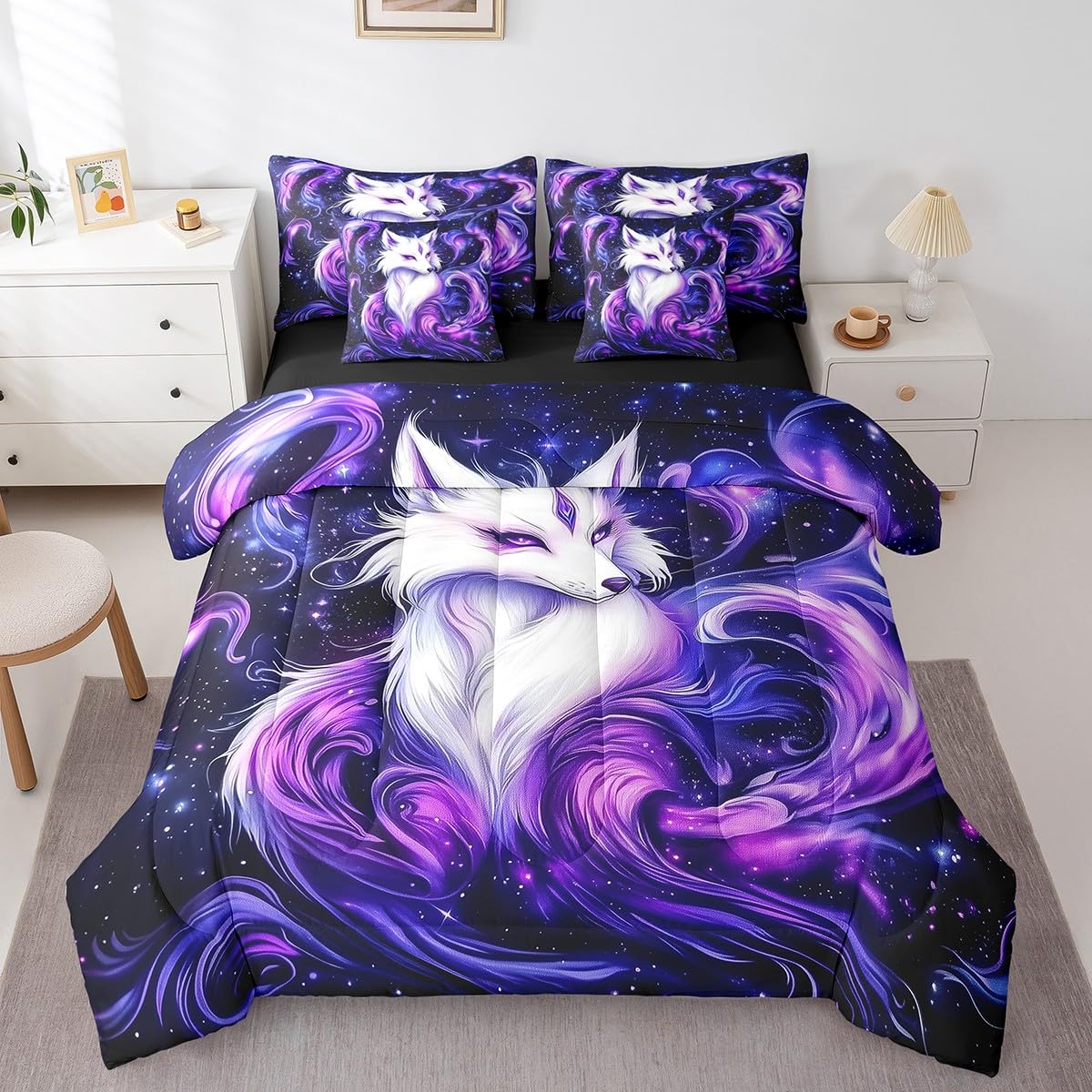 Feelyou Fox Comforter Set with Sheets Twin Size Kids Purple Gaxlxy Fox 7 Pieces Bedding Set for Boys Girls Teens Outer Space Universe Bed in a Bag