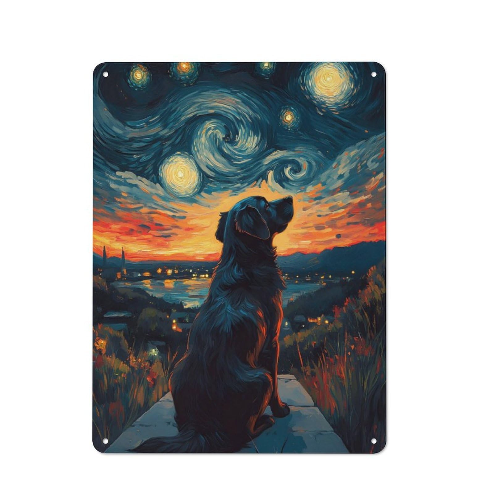 Junmoney Dog Under Starry Night Printed Metal Sign 40X30cm For Living Room Or Hallway, For Home Wall Decor Collectors