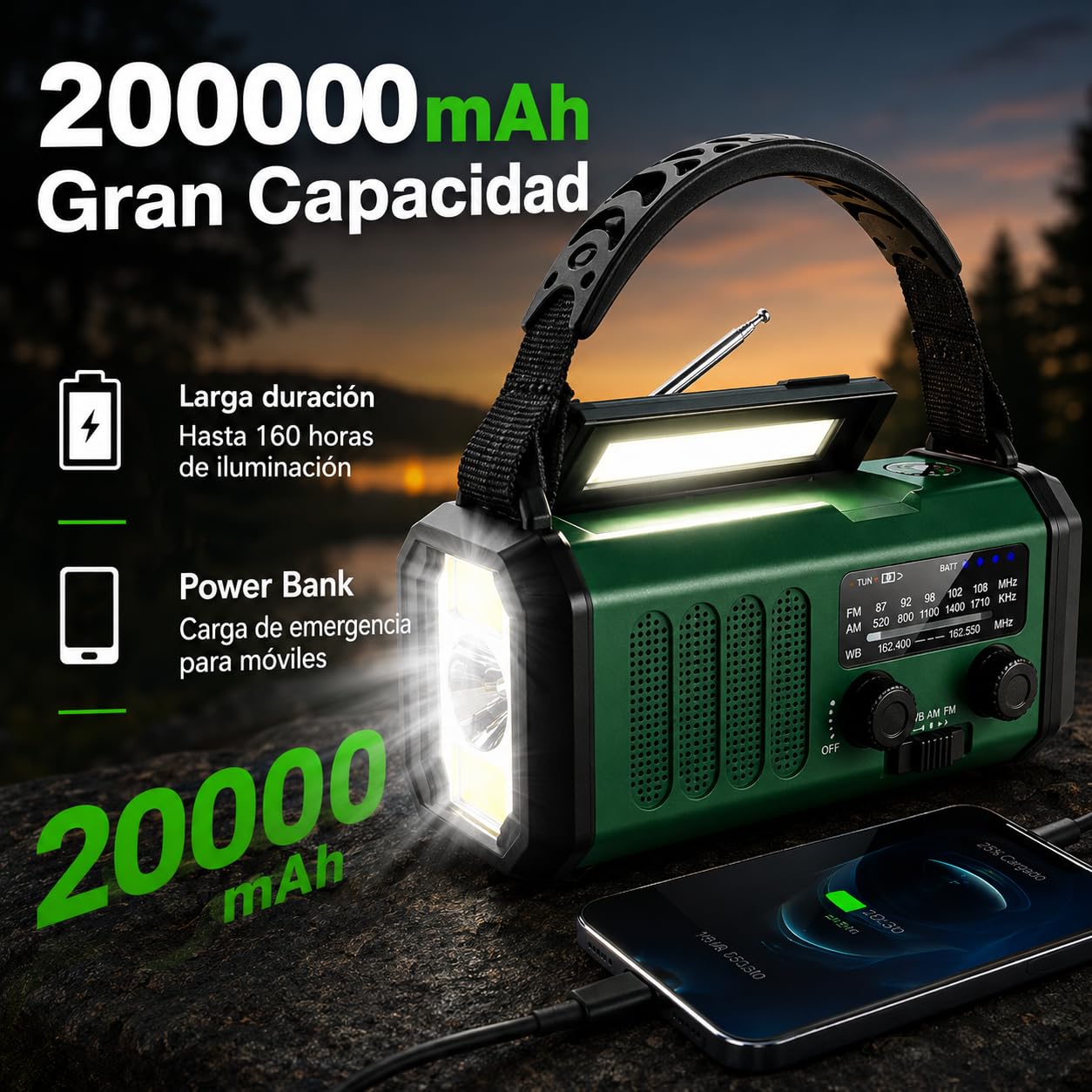 Winnes 20000 mAh Radio de Emergencia Portátil,Radio FM/Am con lámpara de Lectura, Alarma SOS, brújula,generador de manivela y Carga Solar, para Exteriores Carga de Emergencia para Smartphones (Verde)